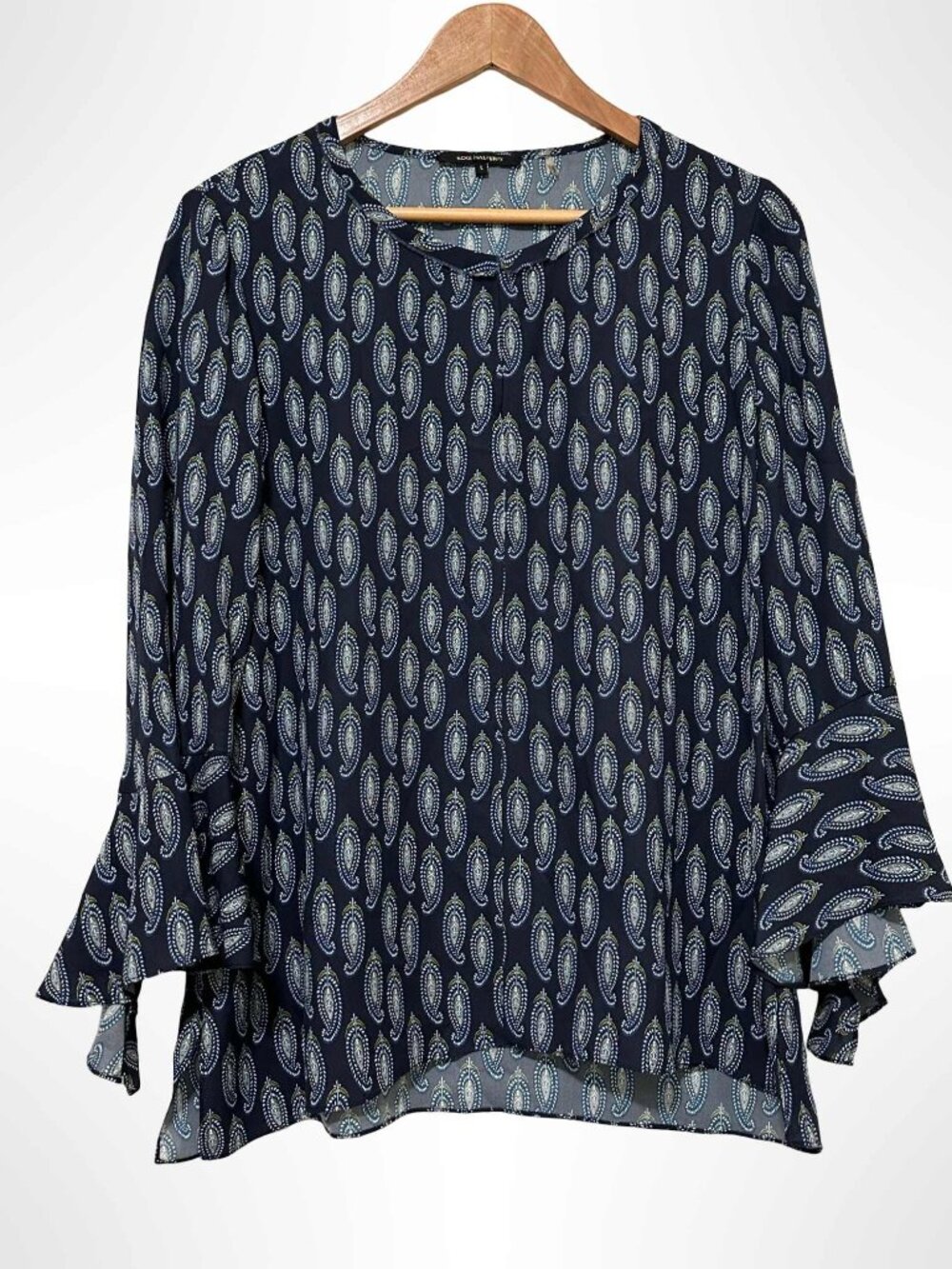 KOBI HALPERIN 100% Silk Paisley Print Long Sleeve Blouse Navy Blue Size L